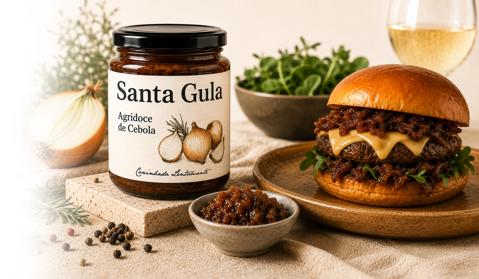 Agridoce de cebola Santa Gula servido com hambúrguer